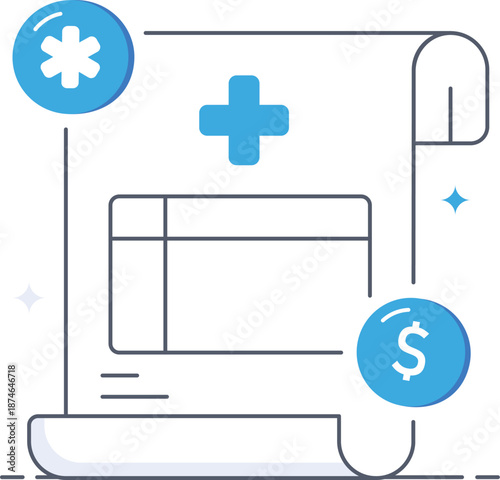 Medical billing health insurance report document scroll dollar coin cross icon Flat vector illustration
