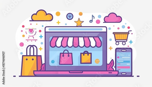 Vibrant cyber monday online shopping experience featuring laptop and smartphone interaction