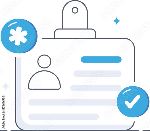 Medical identification badge representing healthcare insurance verification and patient records Flat vector illustration