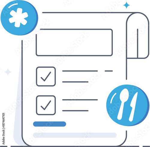 Medical nutrition plan document for healthcare with cutlery symbol Flat vector illustration