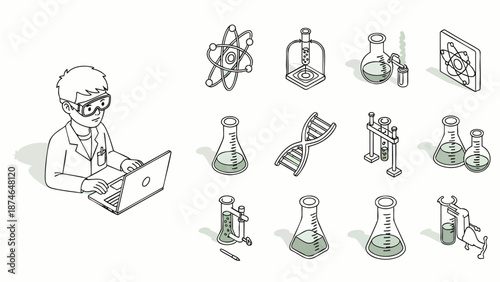 Isometric line art illustration: Scientist on laptop, surrounded by lab equipment and science research icons. Ideal for education, technology, and innovation concepts.