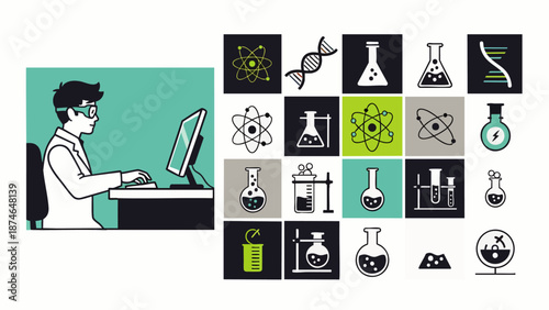 Scientist or student working at a computer, surrounded by a grid of diverse scientific icons like DNA, atoms, and lab equipment, symbolizing research and discovery.