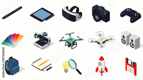 Isometric collection of modern technology, creative tools, digital devices, and everyday objects icons. Vector illustration for design, innovation, and education.