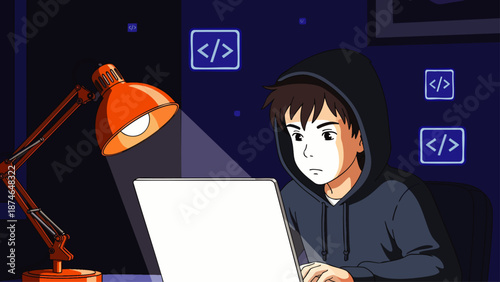 Young male programmer coding on laptop at night, focused student working on computer in dark room, anime style illustration of software development.