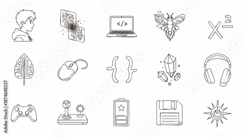 Line art vector icons set featuring technology, coding, gaming, digital data, science, and stylized nature elements for web and app design