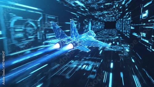 Futuristic Jet Fighter in Digital Blue Space, Technology Concept