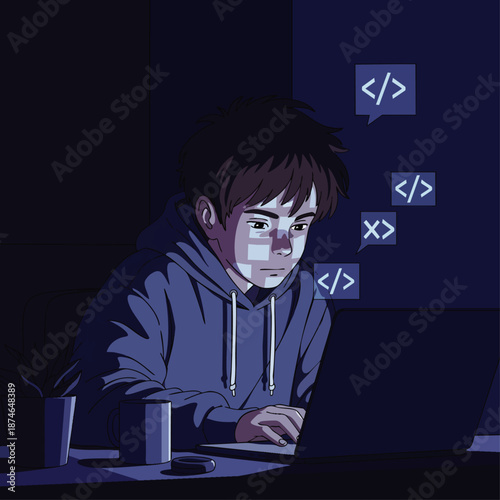 Anime-style illustration of a young programmer coding intensely on a laptop in a dark room, surrounded by code symbols. Focus on software development.