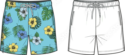 Men's swim shorts technical illustration, tropical floral print, vector flat sketch, drawstring waist design, board shorts template, blue summer swimwear mockup.