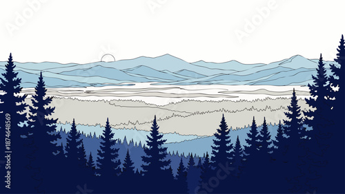 Vast stylized mountain landscape vector illustration with layered pine forests, a calm lake, and distant peaks under a clear sky, representing nature's beauty.