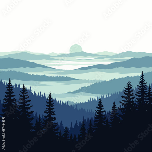 Serene layered mountain landscape illustration with misty forest and pine trees at sunrise or sunset, tranquil nature background vector.