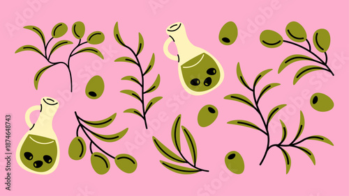 Olive sticker set in retro cartoon style. Mediterranean food elements with olive oil bottles, branches and canned olives. Funky doodle illustration.