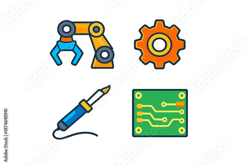 Robotic arm, gear, soldering iron, and circuit board icons