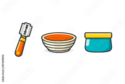 Shaving supplies: Razor, bowl, and cream