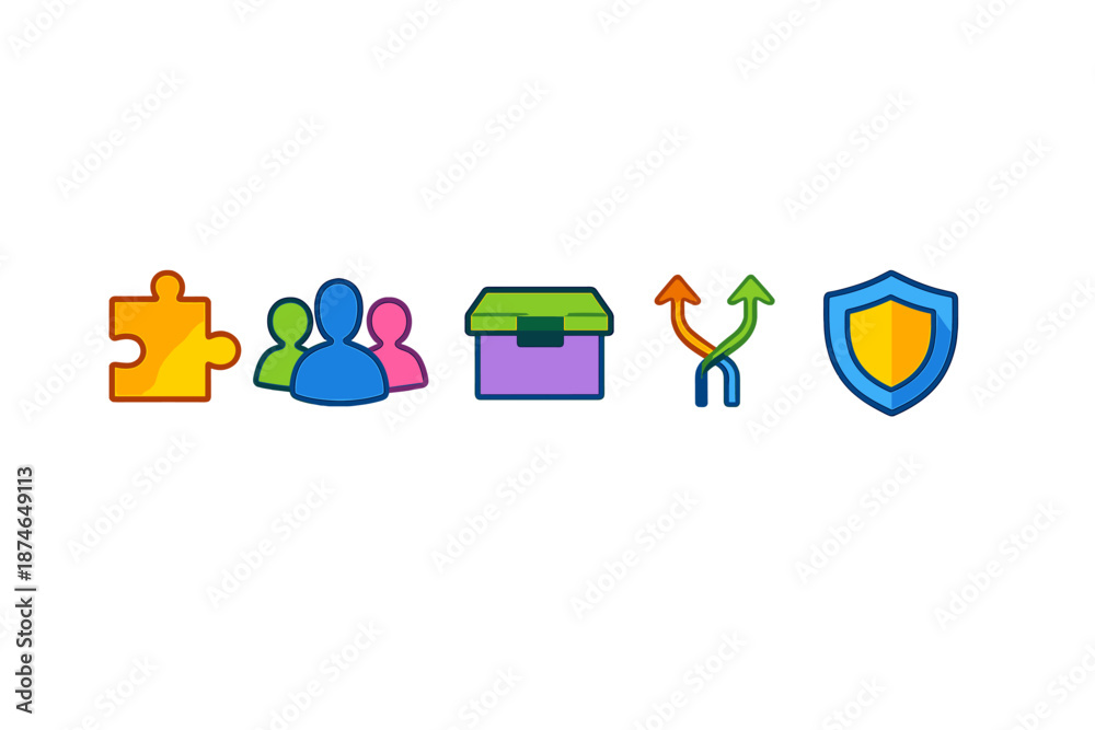Fototapeta premium Abstract Icons Representing Puzzle, People, Storage, Options, and Security