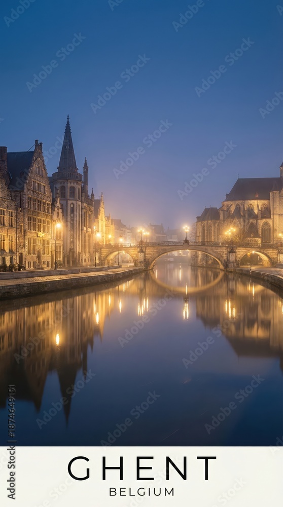 Obraz premium Ghent Belgium Medieval Canal Cityscape Historic Architecture Night 
