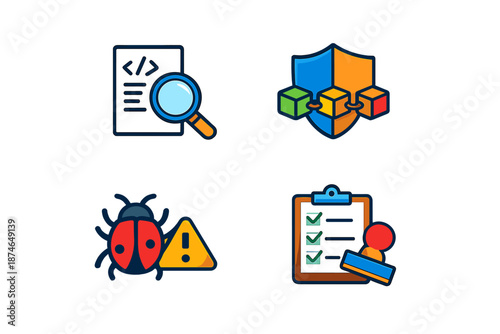 Set of four flat icons representing software development concepts