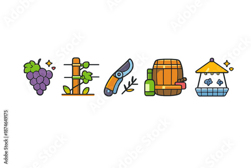 Winery icons set with grape, vineyard, pruning shears, barrel, and lamp