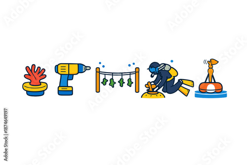 Underwater concept art with coral, drill, and diver