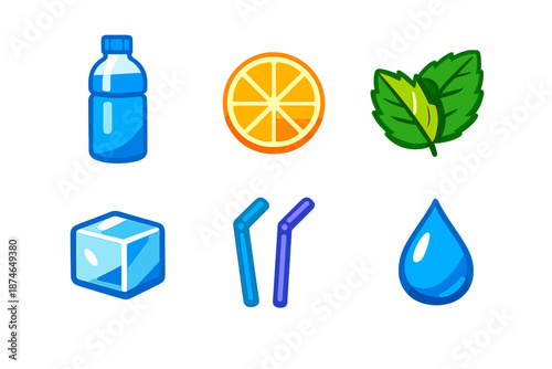 Refreshing drink ingredients icons with glowing effect