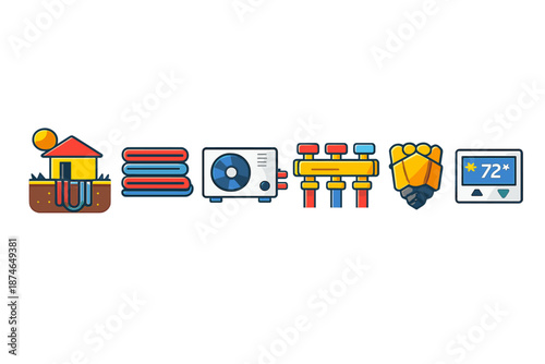 Geothermal Heating and Cooling System Icons