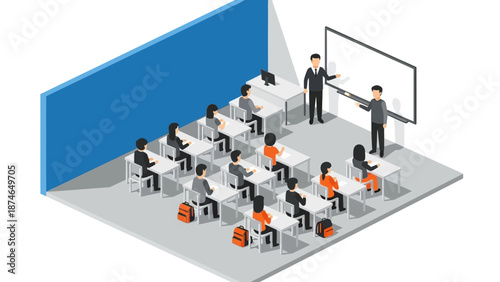 Isometric classroom scene with students and teacher engaged in interactive learning