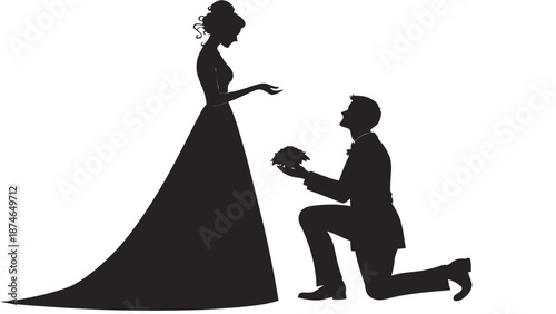 Romantic marriage proposal moment with bouquet of flowers