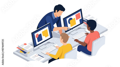 Teacher assisting students with computers in modern classroom setting