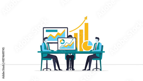 Business growth analysis with teamwork and financial data charts in office setting