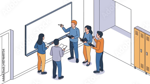 Diverse team collaborating in modern office setting with digital tools in isometric design