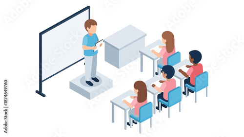 Isometric classroom scene: teacher engaging students in modern educational setting