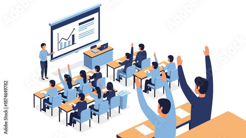 Classroom learning scene with teacher and engaged students in isometric style