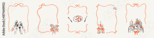 Set of doodle coquette bow ribbon frames for restaurant menu, wedding invitation, romantic Valentines day dinner poster. Champagne celebration toast, cocktail glass, aesthetic hand drawn sketch table