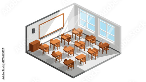 Isometric classroom interior with desks and windows in modern design
