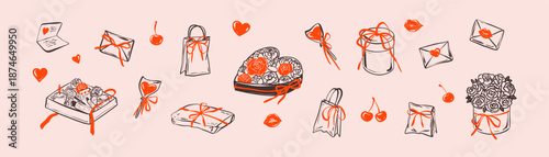 Doodle Valentines day, girly feminine birthday celebration, bachelorette party, bridal shower, wedding gift boxes with whimsical coquette ribbon bow, greeting cards, flowers. Sketch cherry, hearts