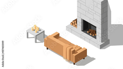 Cozy living room with modern sofa and fireplace in isometric design