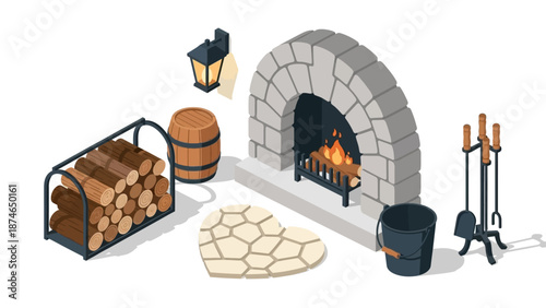 Cozy fireplace setup with logs and tools in isometric design