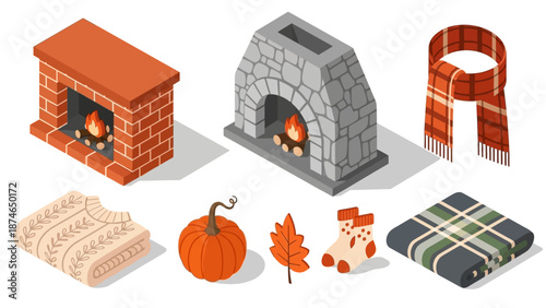 Cozy isometric elements for autumn: fireplaces, warm clothes, and seasonal decor