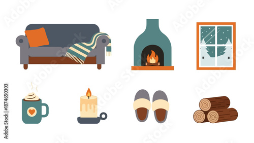 Cozy winter elements with sofa, fireplace, and hot drinks in flat design