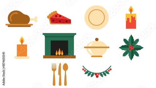 Festive holiday elements featuring food, fireplace, and decor