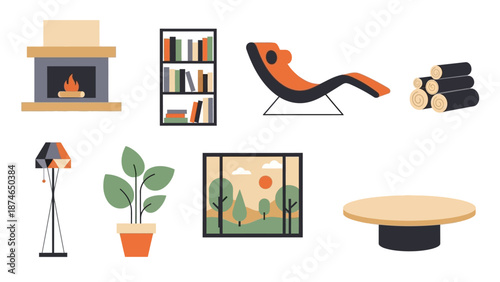 Modern flat interior icons: fireplace, furniture, and decor elements