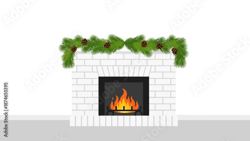 Festive fireplace with pine garland and cozy warm fire