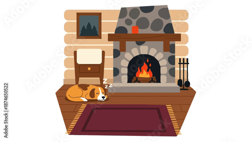 Cozy cabin fireplace with sleeping dog and warm ambiance