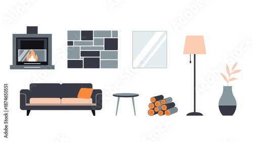 Modern living room elements with fireplace, sofa, and decor in flat style