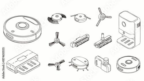 Robot Vacuum Cleaner Parts and Accessories - Isometric Line Art Illustration