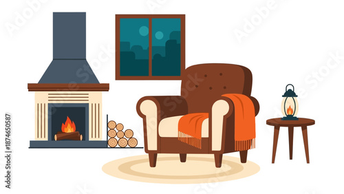 Cozy living room with fireplace and armchair in modern flat design