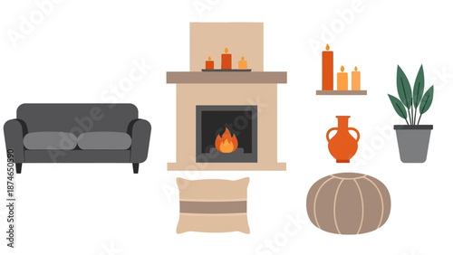 Cozy living room interior with fireplace and modern decor elements