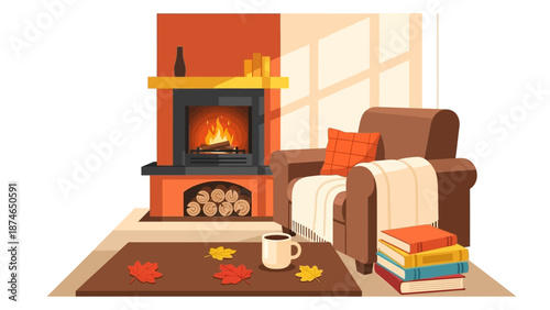 Cozy autumn living room with fireplace and armchair in flat design