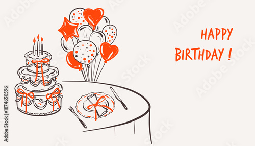 Doodle birthday celebration table drawing. Birthday cake with candles and cute coquette pink ribbon bows.  Heart and star balloons. Whimsical crayon illustration for greeting card, invitation, poster