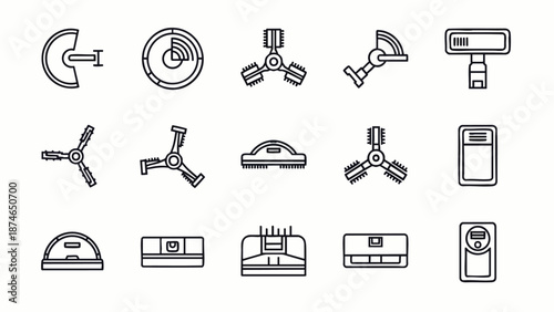 Set of line icons representing different types of vacuum cleaner heads and parts for cleaning floors