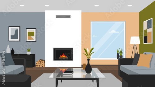 Modern minimalist living room with fireplace and large window design
